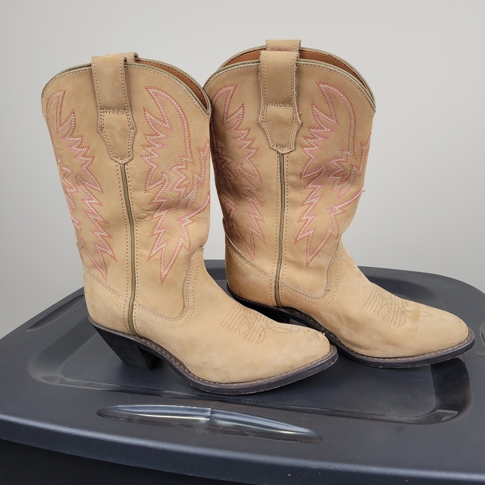 Western Cowboy Cowgirl Boot Size 7 Embroidery Pointed Toe Mid Calf Boot Leather